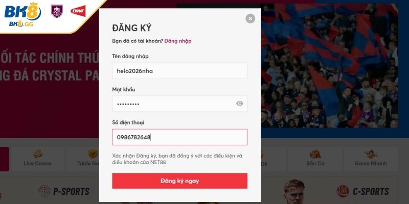 Đăng ký BK8 2 Nhập thông tin đăng ký BK8